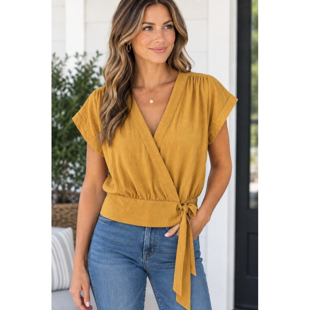 Nine West Womens Mustard Yellow Short Sleeve Faux Wrap Tie Waist Blouse Medium